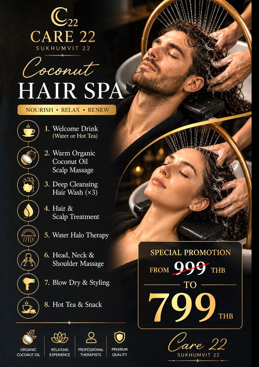 Coconut Oil Hair Spa menu at Care 22 — 60 minutes, 799 ฿